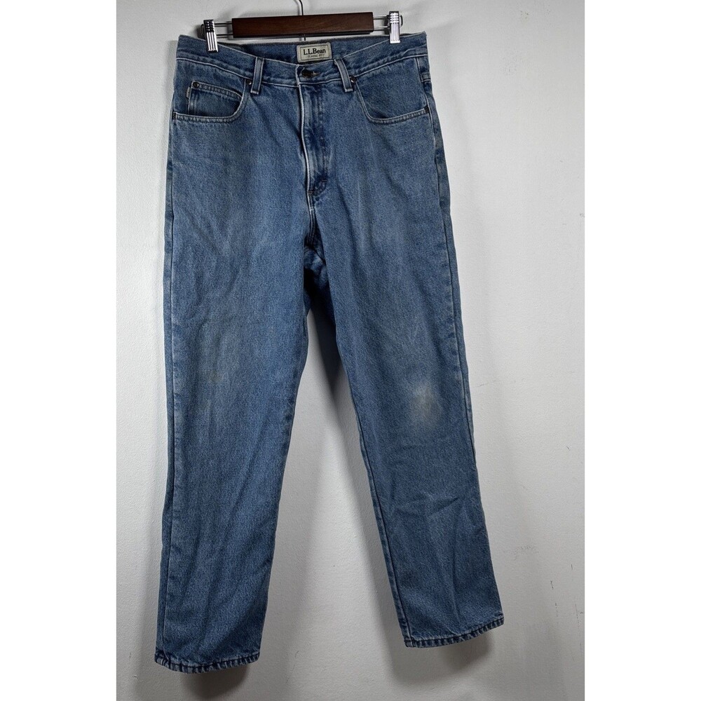 L.L.Bean Men's 33x30 Classic Fit Lined Jeans Blue Denim Cotton Plaid Lining